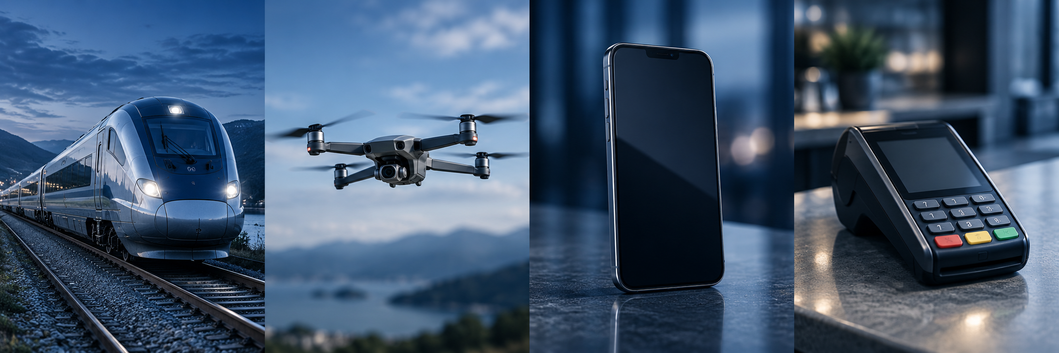 Illustrative images of a passenger train, a civilian drone, a mobile phone and a payment terminal